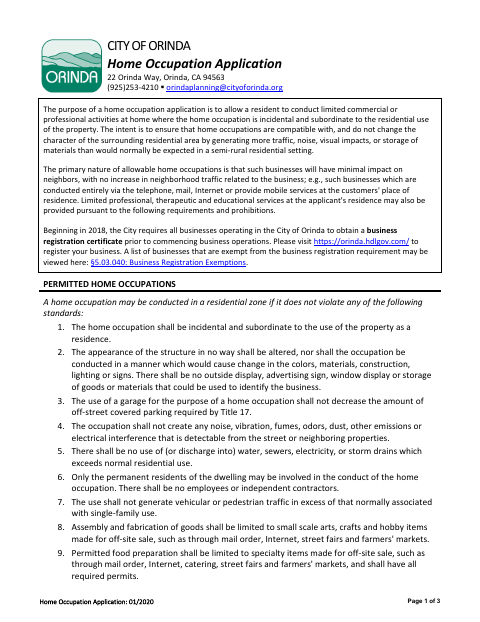 First page of the Home Occupation Application