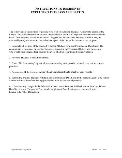 First page of the Commercial Property Trespass Affidavit