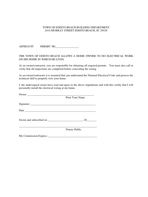 First page of the Owner Electrical Affidavit
