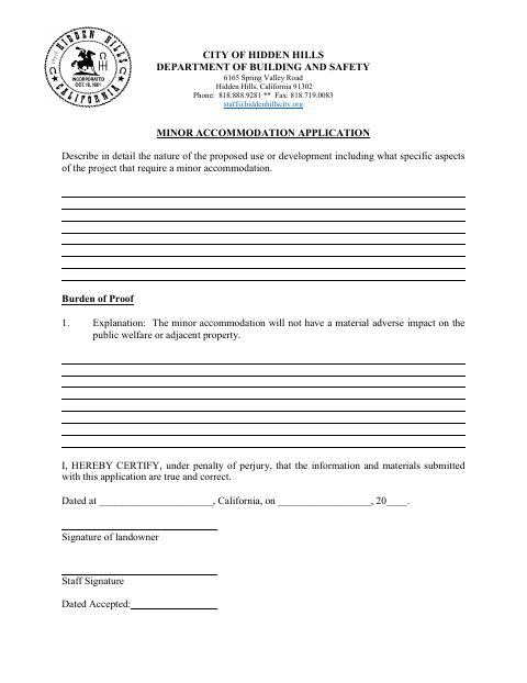 First page of the Minor Accommodation Application