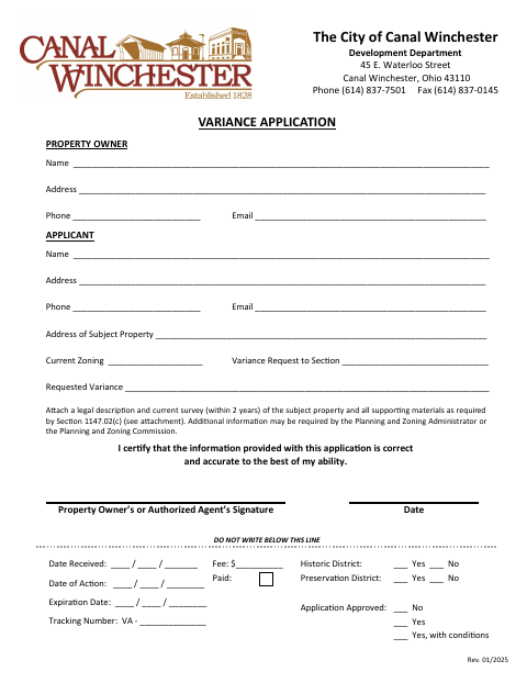 First page of the Variance Application