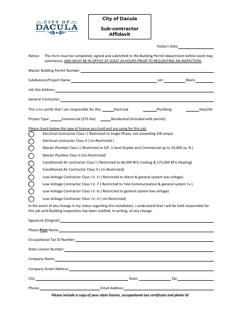 First page of the Sub-Contractor Affidavit