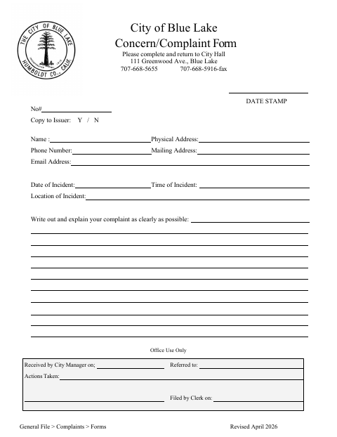 First page of the Concern/Complaint Form