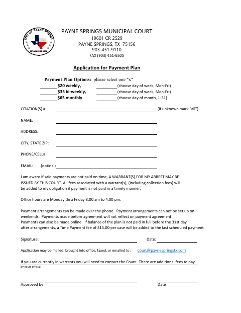 First page of the Application for Payment Plan