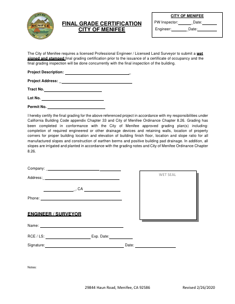 First page of the Final Grade Certification