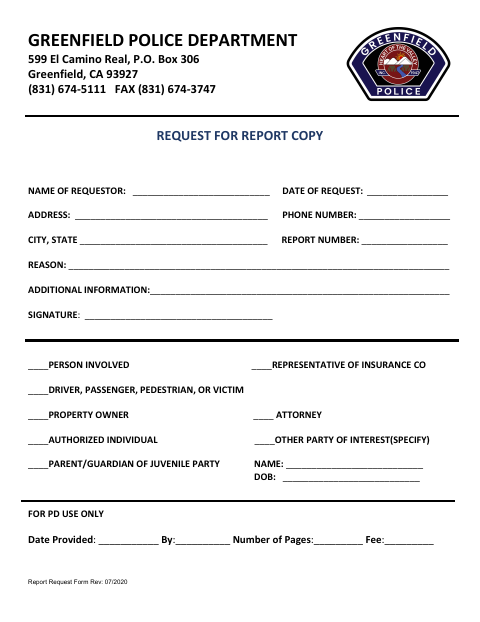 First page of the Request for Report Copy