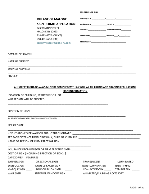 First page of the Sign Permit Application