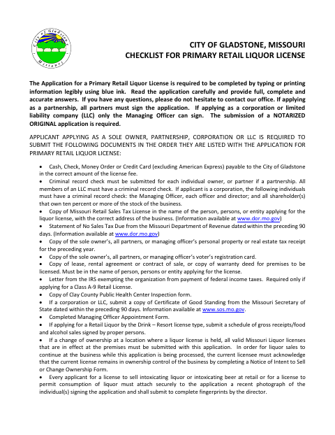 First page of the Primary Retail Liquor License Application