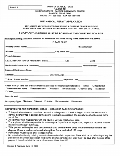First page of the Mechanical Permit Application