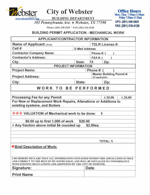 First page of the Mechanical Permit Application