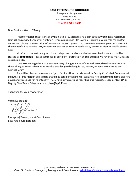First page of the Business Emergency Notification Reporting Form
