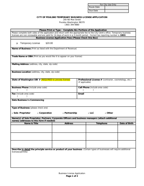 First page of the Temporary Business License Application