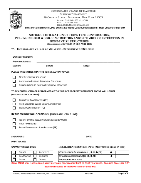 First page of the Composite Wood Truss Form