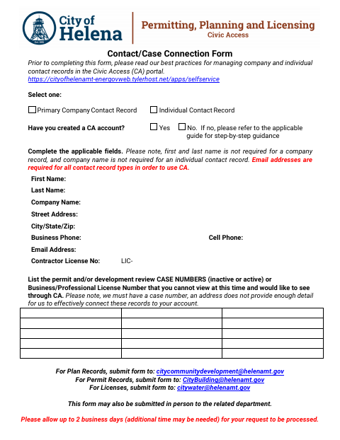 First page of the Contact/Case Connection Form