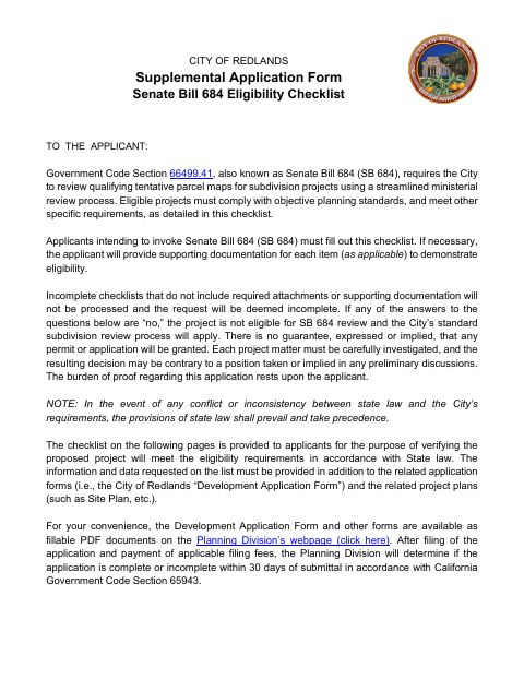 First page of the Supplemental Application Form Senate Bill 684 Eligibility Checklist