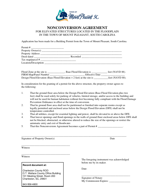 First page of the Nonconversion Agreement for Elevated Floodplain Structures