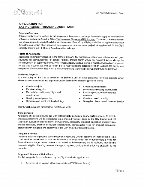 First page of the TIF Project Application
