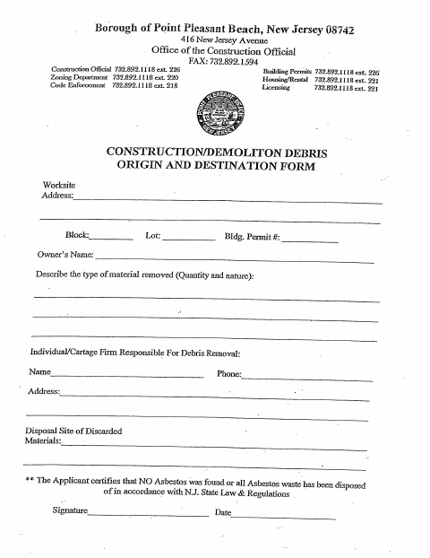 First page of the Construction Demolition Debris Origin and Destination Form