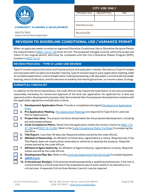 First page of the Revision to Shoreline Conditional Use / Variance Permit