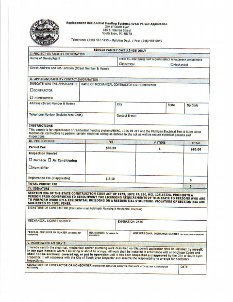 First page of the Residential HVAC Replacement Permit Application