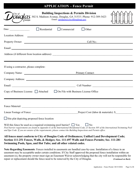 First page of the Fence Permit Application