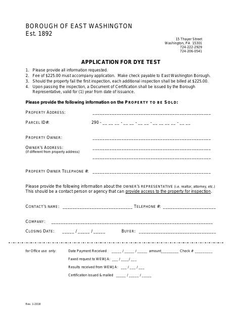 First page of the Application for Dye Test