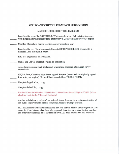 First page of the Minor Subdivision Checklist and Application