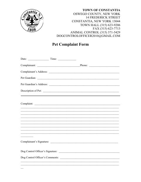 First page of the Pet Complaint Form
