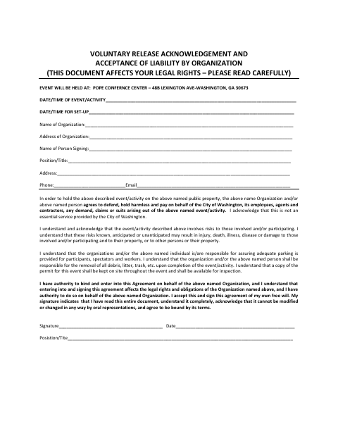 First page of the Pope Center Release of Liability Form