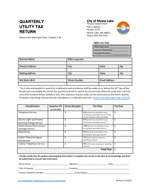 First page of the Quarterly Utility Tax Return