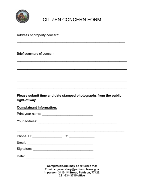 First page of the Citizen Concern Form