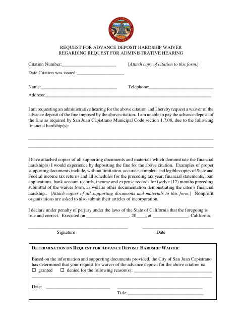 First page of the Request for Advance Deposit Hardship Waiver Regarding Request for Administrative Hearing