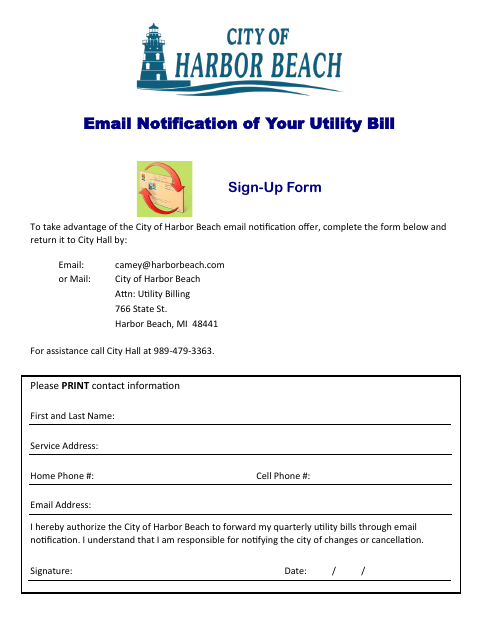 First page of the Email Notification of Your Utility Bill Sign-Up Form