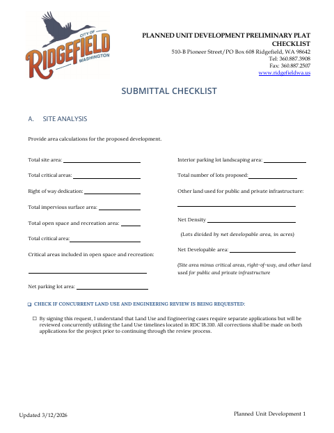 First page of the Planned Unit Development Preliminary Plat Checklist