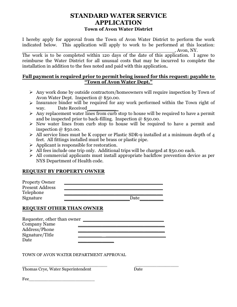 First page of the Standard Water Service Application