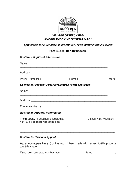 First page of the Zoning Board of Appeals Application for a Variance, Interpretation, or Administrative Review