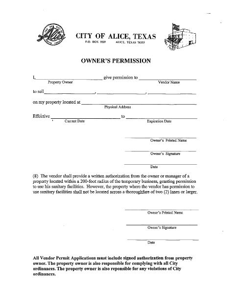 First page of the Owner's Permission to Sell (Vendor)