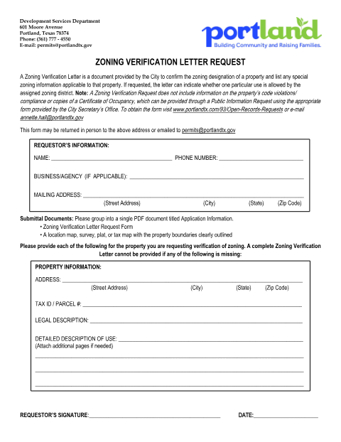 First page of the Zoning Verification Letter Request