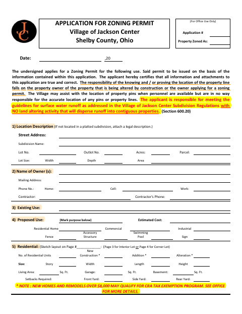 First page of the Application for Zoning Permit