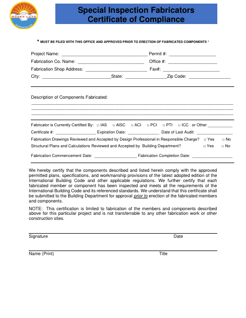 First page of the Special Inspection Fabricators Certificate of Compliance