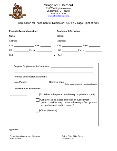 First page of the Application for Placement of Dumpster/POD on Village Right of Way