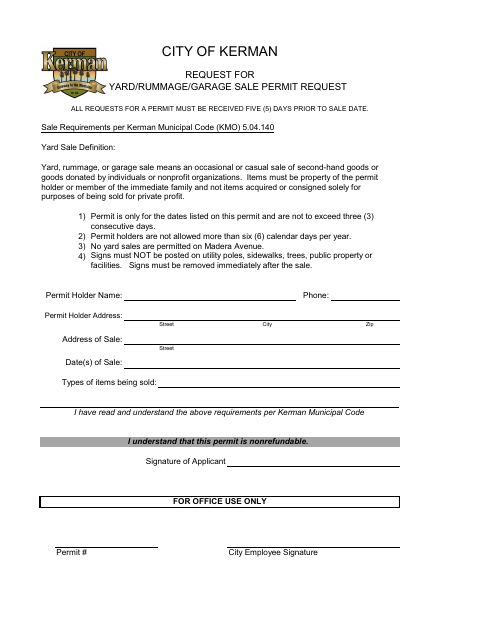 First page of the Request for Yard/Rummage/Garage Sale Permit
