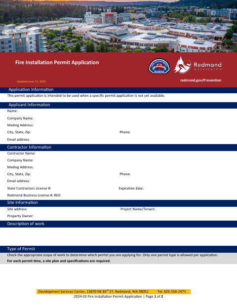 First page of the Fire Installation Permit Application