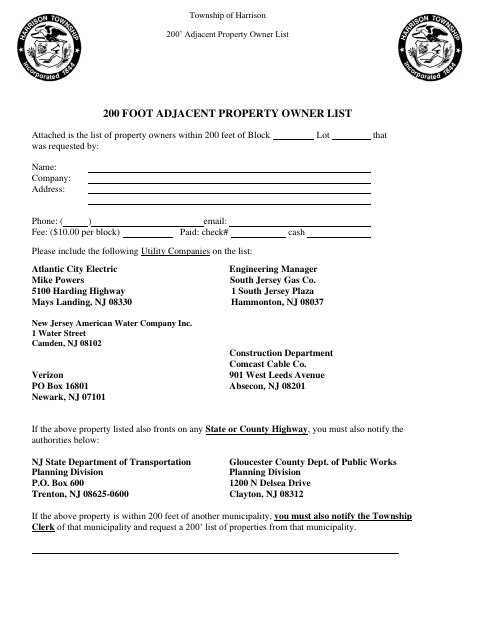 First page of the 200 Foot Adjacent Property Owner List