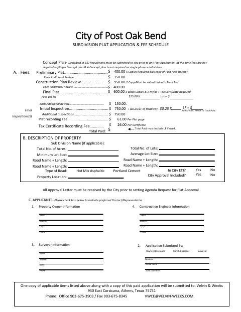 First page of the Subdivision Plat Application & Fee Schedule