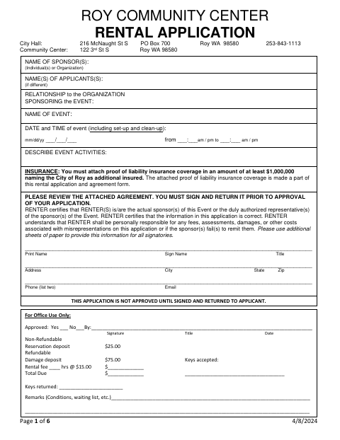 First page of the Community Center Rental Application
