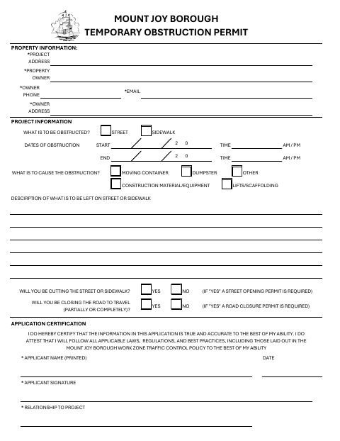 First page of the Temporary Obstruction Permit