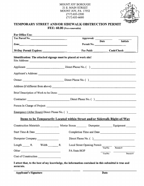 First page of the Temporary Street and Sidewalk Obstruction Permit