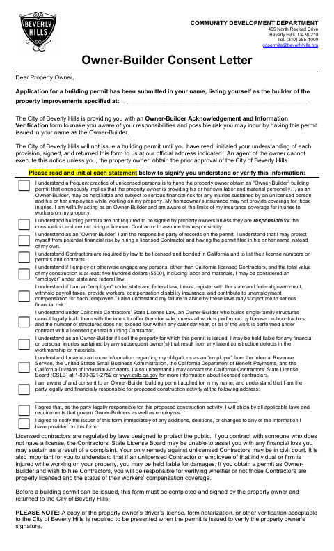 First page of the Owner-Builder Consent Letter