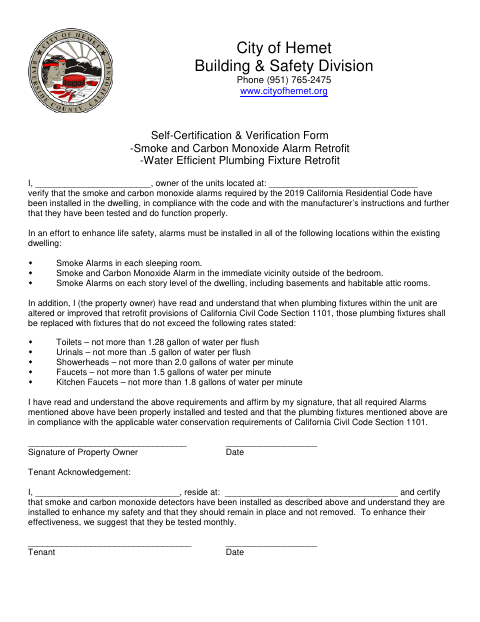 First page of the Self-Certification & Verification Form